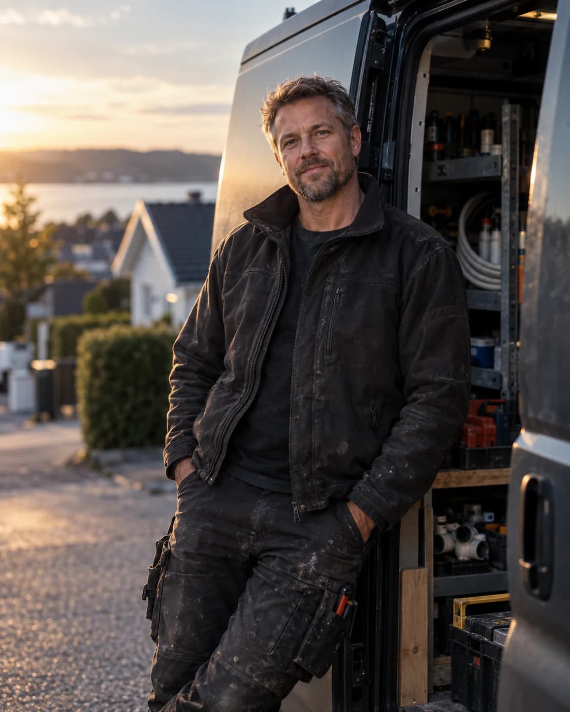 Rørlegger som driver eget firma, lener seg mot arbeidsbilen i solnedgang